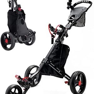 ZIEAJIEA Premium Golf Push Cart, 3 Wheel Adjustable Folding Golf Cart with Phone Holder and Umbrella Holder