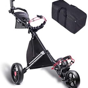 CHAMPKEY Premium Golf Push Cart (Carry Bag Included) | 3 Wheels Foldable Hand Cart, Easy Push and Pull Cart Trolley | Quick Open and Close Golf Pull Cart