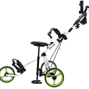 LHONE 3 Wheel Golf Cart with Seat,Lightweight Golf Trolley Cart Scorecard Bag,Drink Holder,Lockable Golf Push Pull Cart with Foot Brake, Cup & Umbrella Holder Height-Adjustable Handle