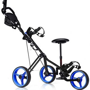 Tangkula Golf Push Cart with Seat, Lightweight Folding 3 Wheels Golf Pull Cart, Golf Trolley with Scoreboard Bag Foot Brake, Cup & Umbrella Holder, Height-Adjustable Handle, Golf Push Pull Cart