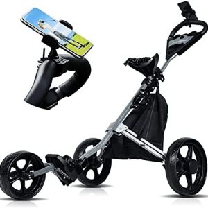 Lakehood Golf Cart, Golf Push Cart for Golf Bag, Lightweight Sturdy Golf Bag Cart, Easy to Folding Golf Pull Cart, Scorecard Holder Mobile Phone Holder Storage Bag Ice Packs Cup Holder Golf Cart