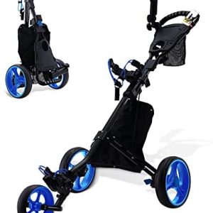 Folding Golf Push Cart, 3 Wheel Golf Cart, Lightweight Swivel Golf Pull Carts with Foot Brake, Scoreboard, Umbrella Cup Holder, Mobile Phone Holder, Cooler, Cart for Men Women Kids Practice and Game
