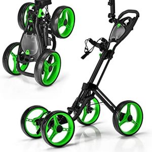 GYMAX Folding Golf Push Cart, 4 Wheel Height Adjustable Golf Trolley with Flexible Umbrella Holder, Cup Holder and Foot Brake, Lightweight Portable Golf Cart for Club Adult Teenager