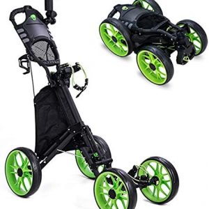 Kingdely 4 Wheel Golf Push Cart, Foldable Golf Trolley with with Umbrella Stand, Foot Brake, Cup Holder, Adjustable Handle, Storage Bag, Scorecard Holder Space, Green