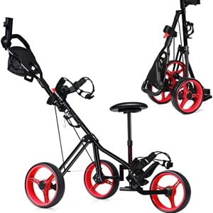 Tangkula Golf Push Pull Cart with Seat, Lightweight Foldable Collapsible 3 Wheels Golf Push Cart, Golf Trolley with Foot Brake, Adjustable Umbrella Holder & Seat, 4 Height Position Handle
